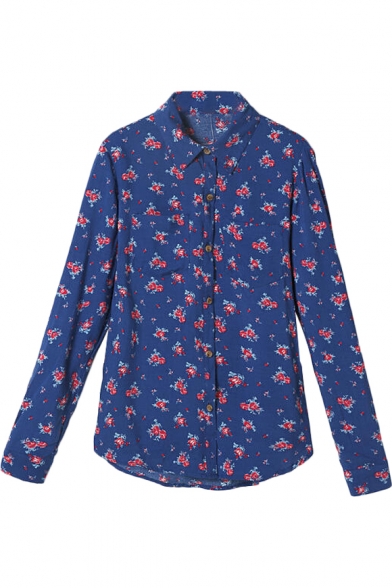 Blue Background Red Floral Print Midi Shirt
