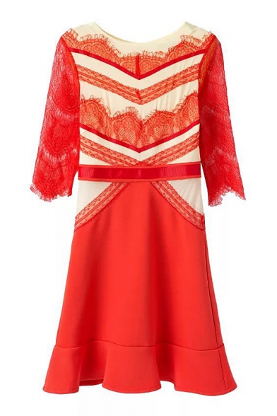 Geometric Lace Insert 3/4 Sleeve Orange Dress