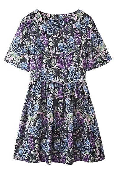 Colorful Butterfly Print Round Neck A-line Dress