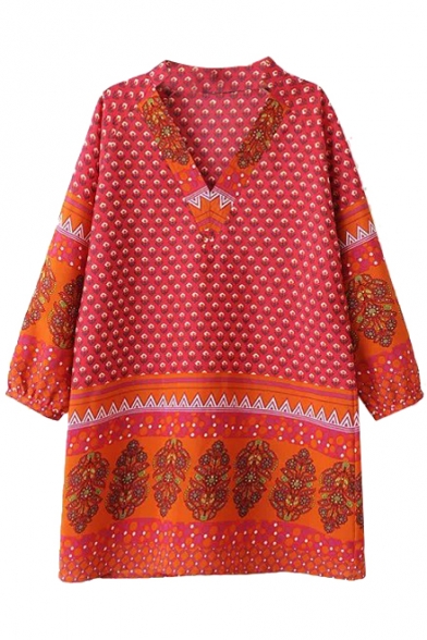 V-Neck Orange Background Geo-Tribal Style Print Loose Dress
