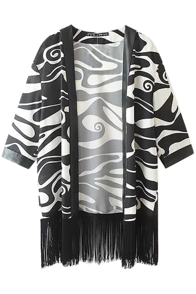Zebra-Stripe Pattern PU Panel Fringe Hem Kimono