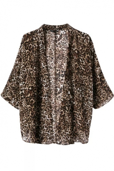 Brown Leopard Print 3/4 Sleeve Kimono