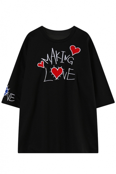 3/4 Sleeve Heart&Letter Embroidered Loose T-shirt