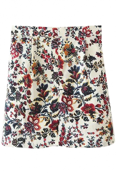 Mini High Waist White Background Flower Print Pleated Skirt ...