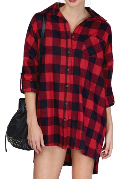  Red  Background Black Plaid Pattern  Boyfriend Style Shirt  