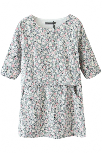 Round Neck 1/2 Sleeve Floral Print Fake Two Piece Style Dress