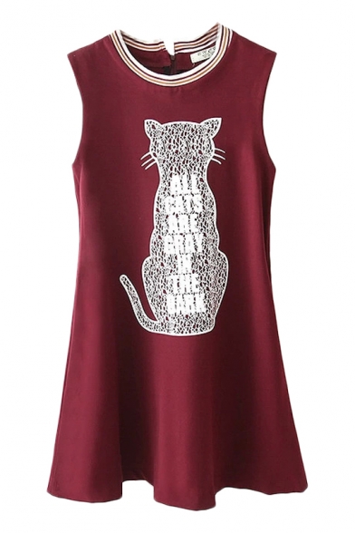 Round Neck Sleeveless Burgundy Kitty Print A-line Dress