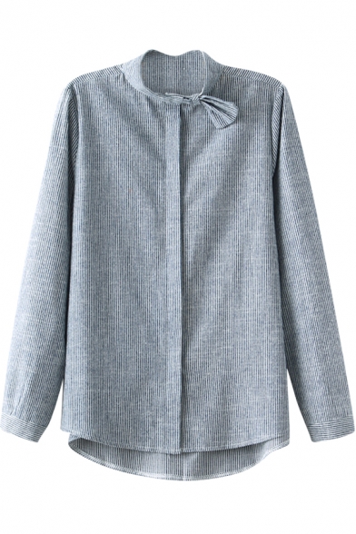 Bow Embellished Stand Collar Thin Stripe Gray Shirt