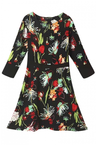 Round Neck 3/4 Sleeve All Over Gorgeous Flower Print Dress
