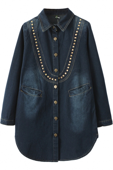 Studed&Gold Button Fly Lapel Denim Coat