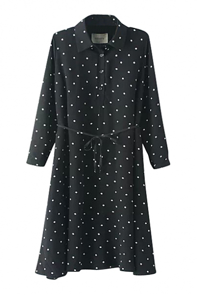 Lapel Button Fly White Mini Dot Pattern Black Dress with Belt