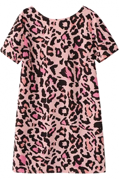 Round Neck Pink Leopard Pattern Dress