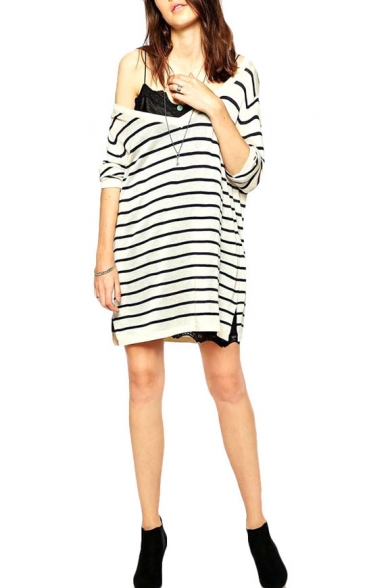 Stripe Print V-Neck Long Sleeve Split Hem Sweater Dress