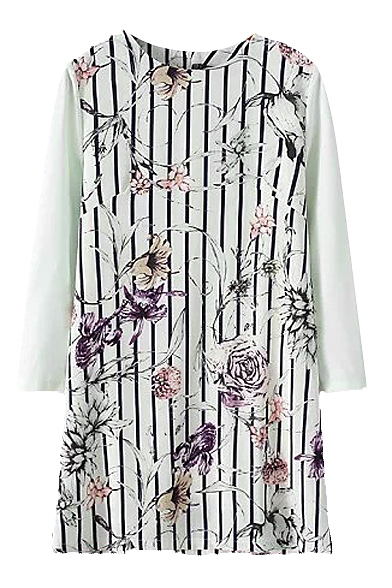 Vertical Stripe Elegant Flower Print Round Neck Cropped Sleeve Dress