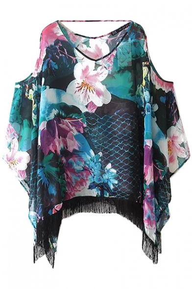 Floral Print Boat Neck Cutout Shoulder Tassel Insert Loose Dress