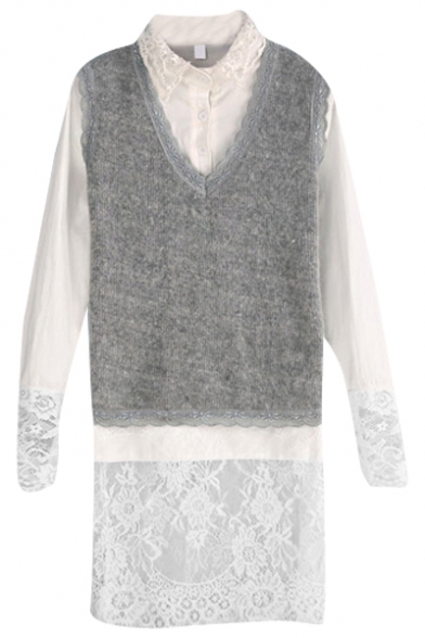 Knitted Mohair Vest White Lace Panel Dress in Two Piece Style