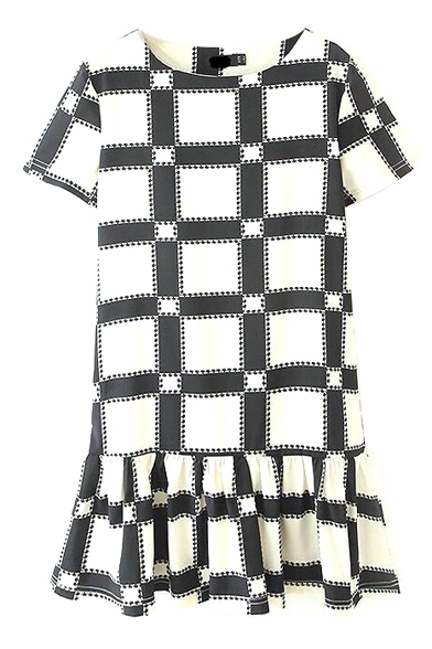 Mono Checker Pattern Short Sleeve Draped Hem Dress