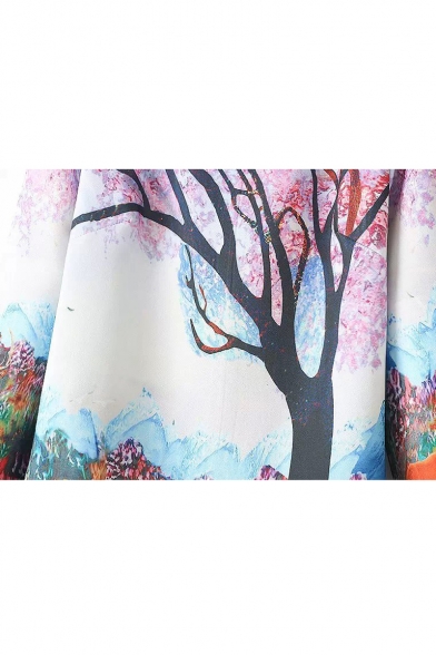 Sakura Tree Rural Landscape Print Round Neck Swing Dress