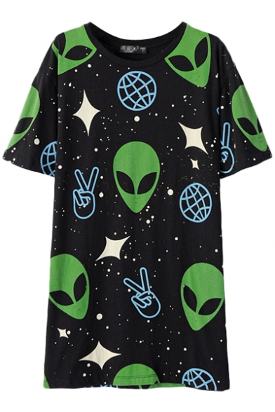 Alien Star Print Round Neck Short Sleeve Tunic T-Shirt