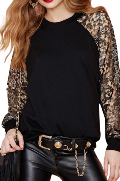 Black Lace Floral Pattern Raglan Sleeve Sweatshirt