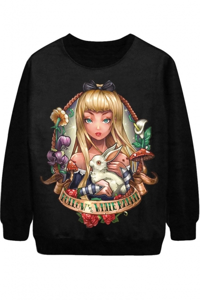 Blond Hair Girl with Rabbit Print Black Sweatshirt