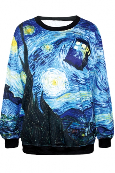 Blue Sky&Filed&House Painting Print Sweatshirt