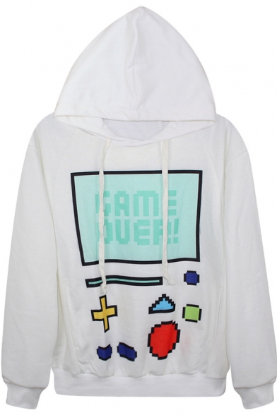 Game Over Print Casual Hoodie with Drawstring Front