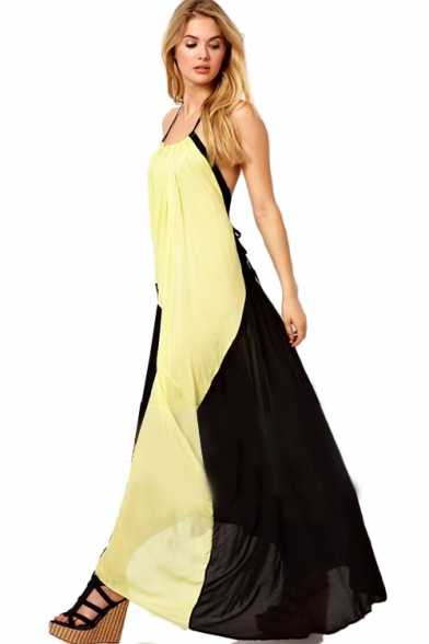 Lemon&Black Block Halter Backless Floor Length Dress