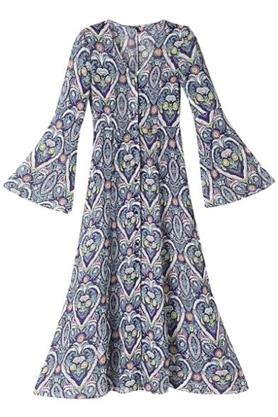Paisley Pattern V-Neck Flare Sleeve Maxi Dress