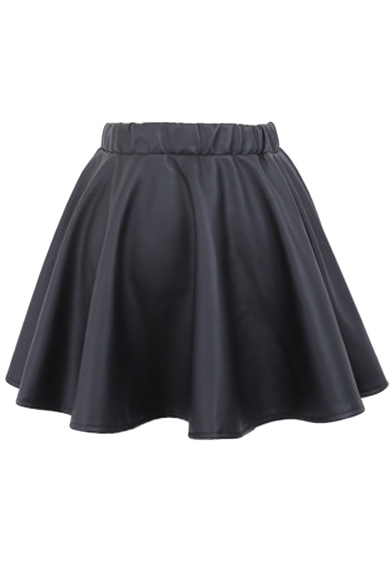 Plain PU Leather Mini Skirt with Elastic Waist - Beautifulhalo.com