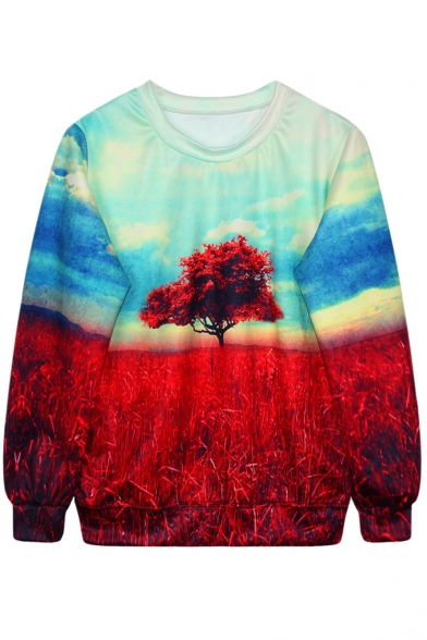 Red Tree&Field&Blue Sky Print Sweatshirt
