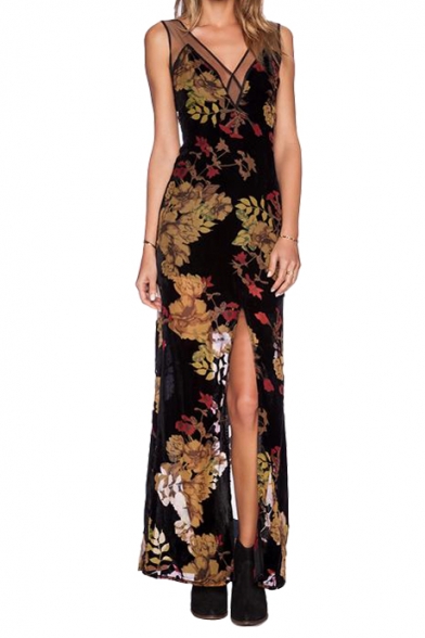 Sexy Sheer Mesh V-Neck Sleeveless Leaves&Flower Print Maxi Slim Dress