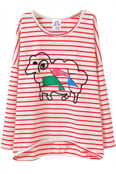 Stripes&Sheep Print Long Sleeve T-Shirt