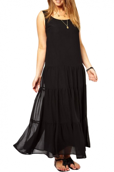 Black Loose Waist Pleated Round Neck Sleeveless Chiffon Dress
