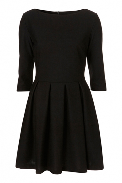 Black Plain Pleated Hem Fitted 3/4 Sleeve Round Neck Dress