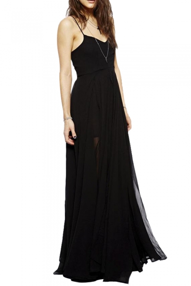 Black V-Neck Sheer Style Slip Floor Length Dress