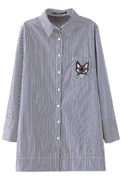 Cartoon Cat Embroidery Thin Stripe Midi Shirt