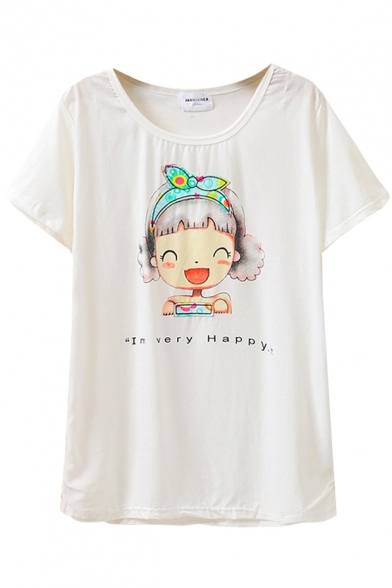 Cartoon Girl Letter Print T-Shirt with Short Sleeve