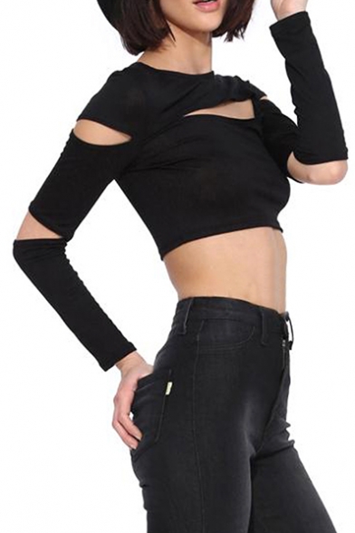 Chest&Sleeve Cutout Long Sleeve Crop Black T-Shirt - Beautifulhalo.com