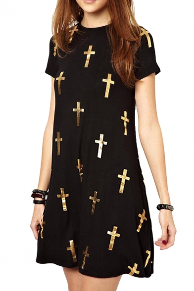 Gilding Cross Short Sleeve Black Dress