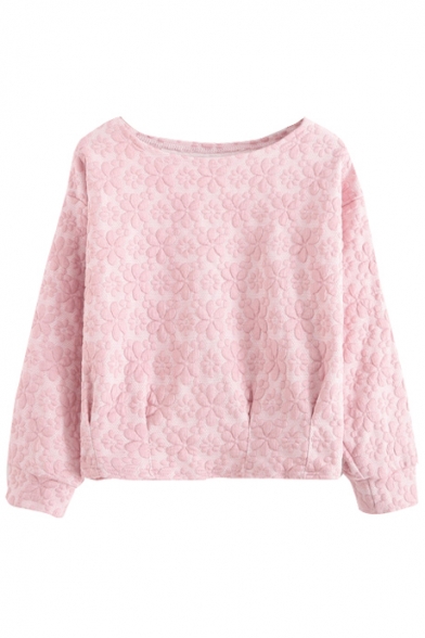 Plain Embroidered Floral Round Neck Long Sleeve Sweatshirt