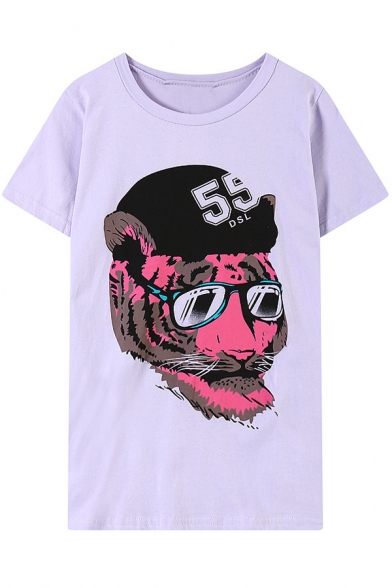 Tiger Wearing Glasses Print Loose T-Shirt