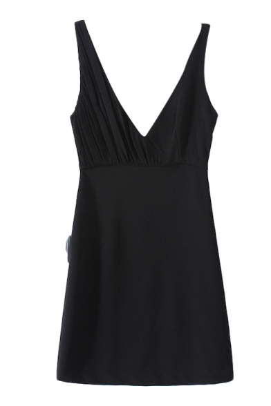 Black V-Neck Open Back Pleated Fitted Dress