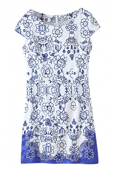Blue Floral Embroidered Cap Sleeve Sequins Cheongsam Dress