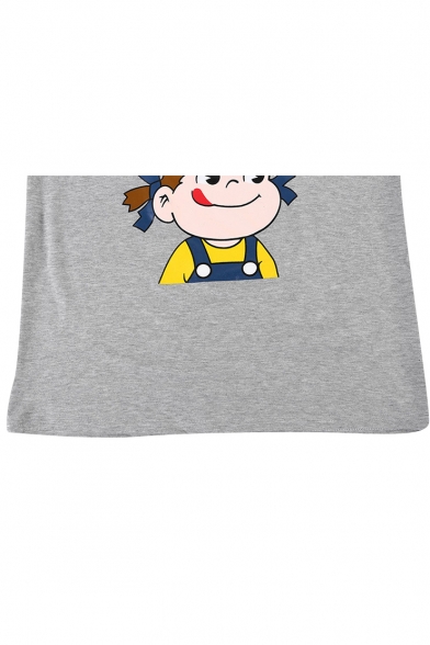Cartoon Letter Litter Girl Print Stripe V-Neck Short Sleeve T-Shirt