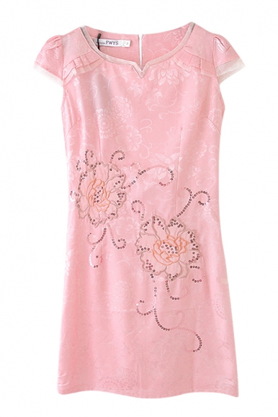 Floral Embroidered V-Neck Oganza Sequins Cheongsam Dress