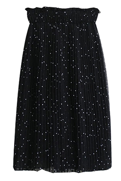 Polka Dot Chiffon Midi Skirt with Elastic Waist