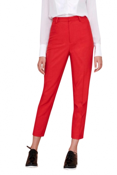 Red Office Lady High Waist Plain Crop Pants - Beautifulhalo.com