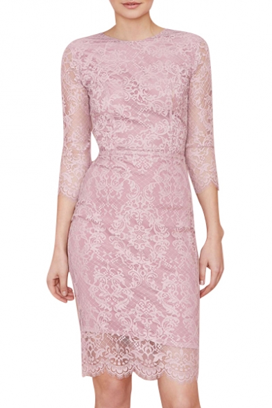 Tri Button Fly Back Slim Lace Dress - Beautifulhalo.com