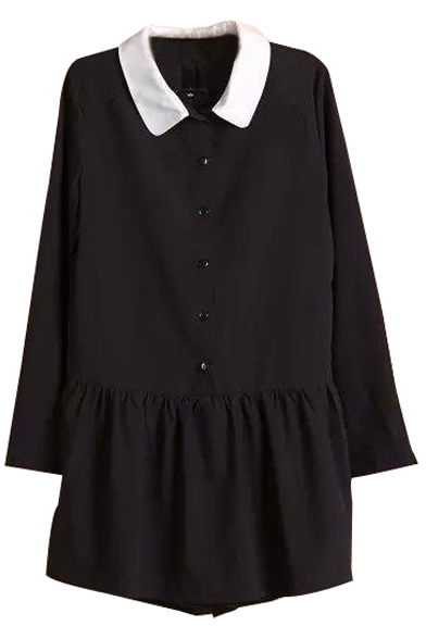 Black Contrast Lapel Collar Long Sleeve Rompers with Long Sleeve
